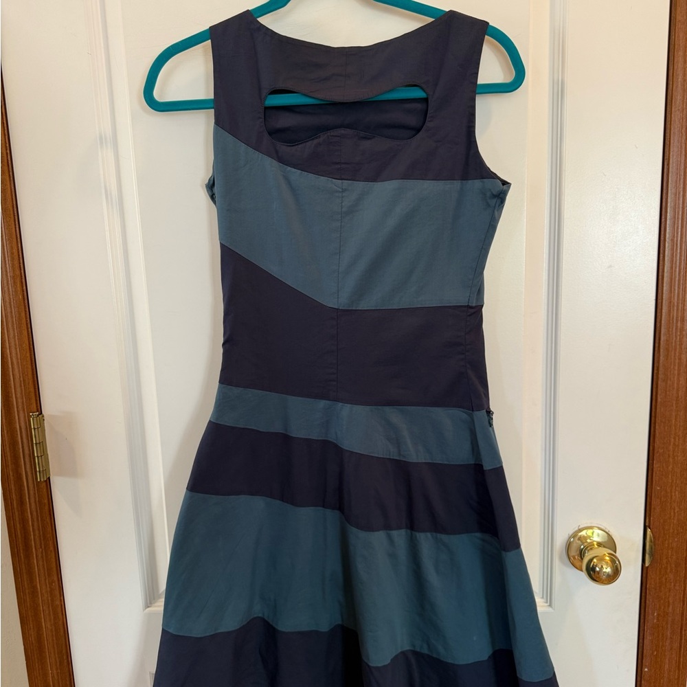 Skunkfunk Elegant Striped Midi Dress in Blue and Black